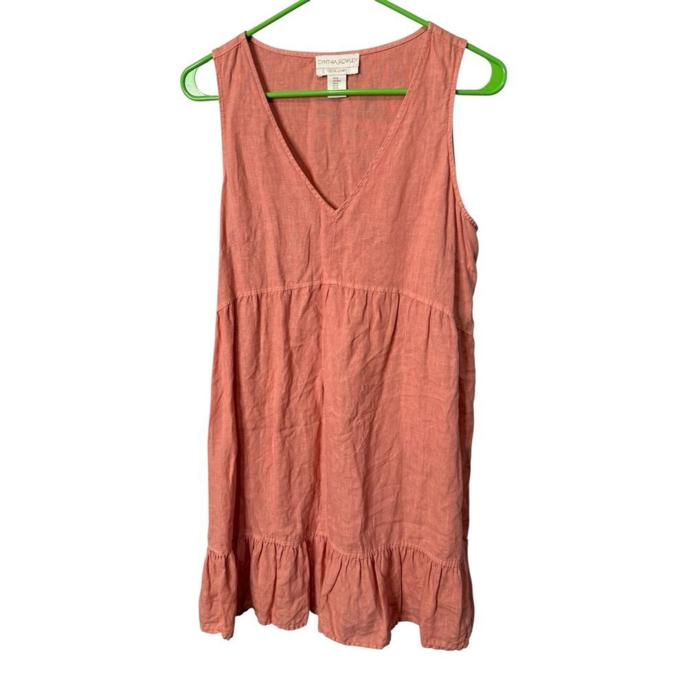 Cynthia Rowley 100% Linen V-Neck Ruffle Hem Tiered Mini Dress Salmon Coral M